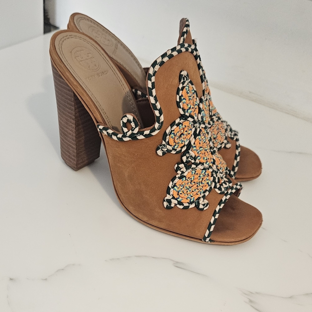 Tory Burch Palisade Embroidered Brown Mule Heels - Picture 7 of 9
